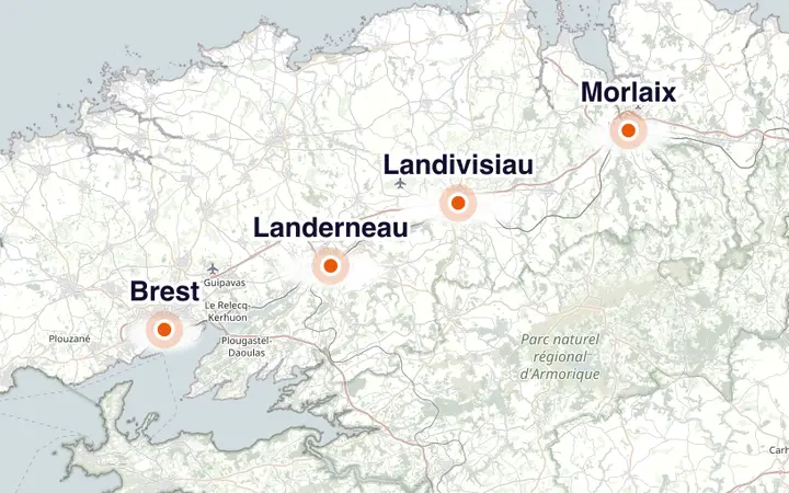 Carte du nord du Finistère : Brest, Landerneau, Landivisiau et Morlaix