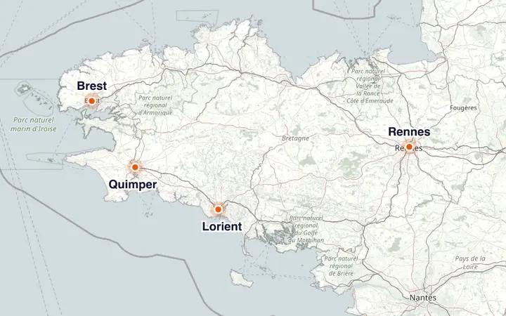 Carte de la Bretagne : Quimper, Brest, Lorient et Rennes