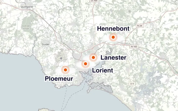 Carte du pays de Lorient : Lorient, Lanester, Hennebont et Ploemeur
