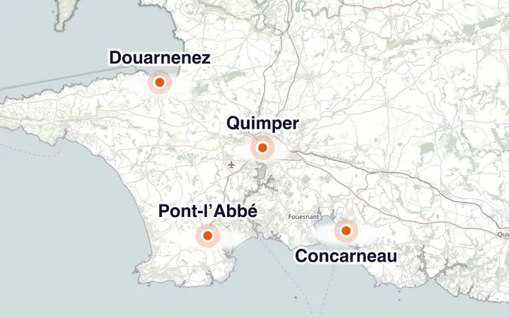 Carte de la Cornouaille : Quimper, Concarneau, Douarnenez et Pont-l’Abbé