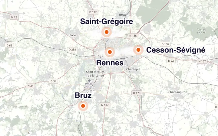 Carte de la métropole rennaise : Rennes, Cesson-Sévigné, Saint-Grégoire et Bruz